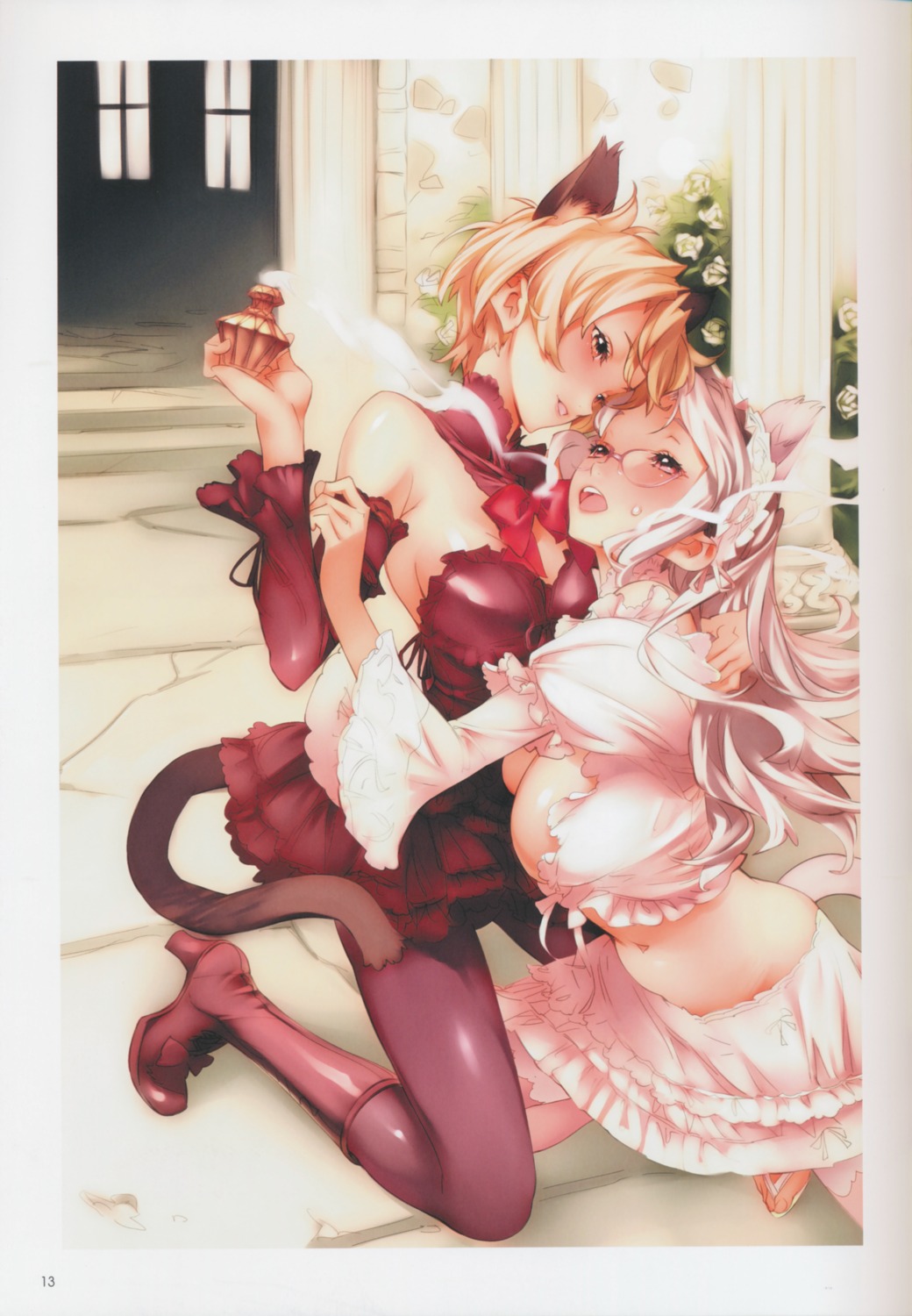 animal_ears cleavage heels megane nekomimi nishieda tail thighhighs yuri