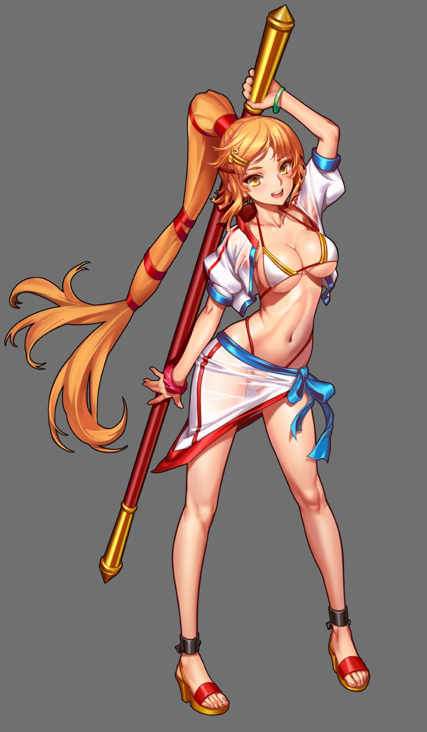 bikini cleavage g_scream heels open_shirt see_through swimsuits weapon wet_clothes