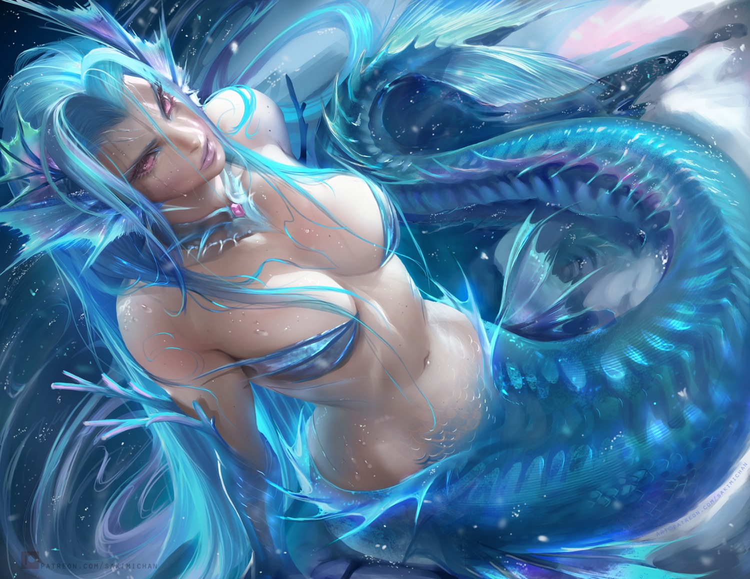 bikini_top cleavage mermaid monster_girl official_watermark sakimichan swimsuits tail