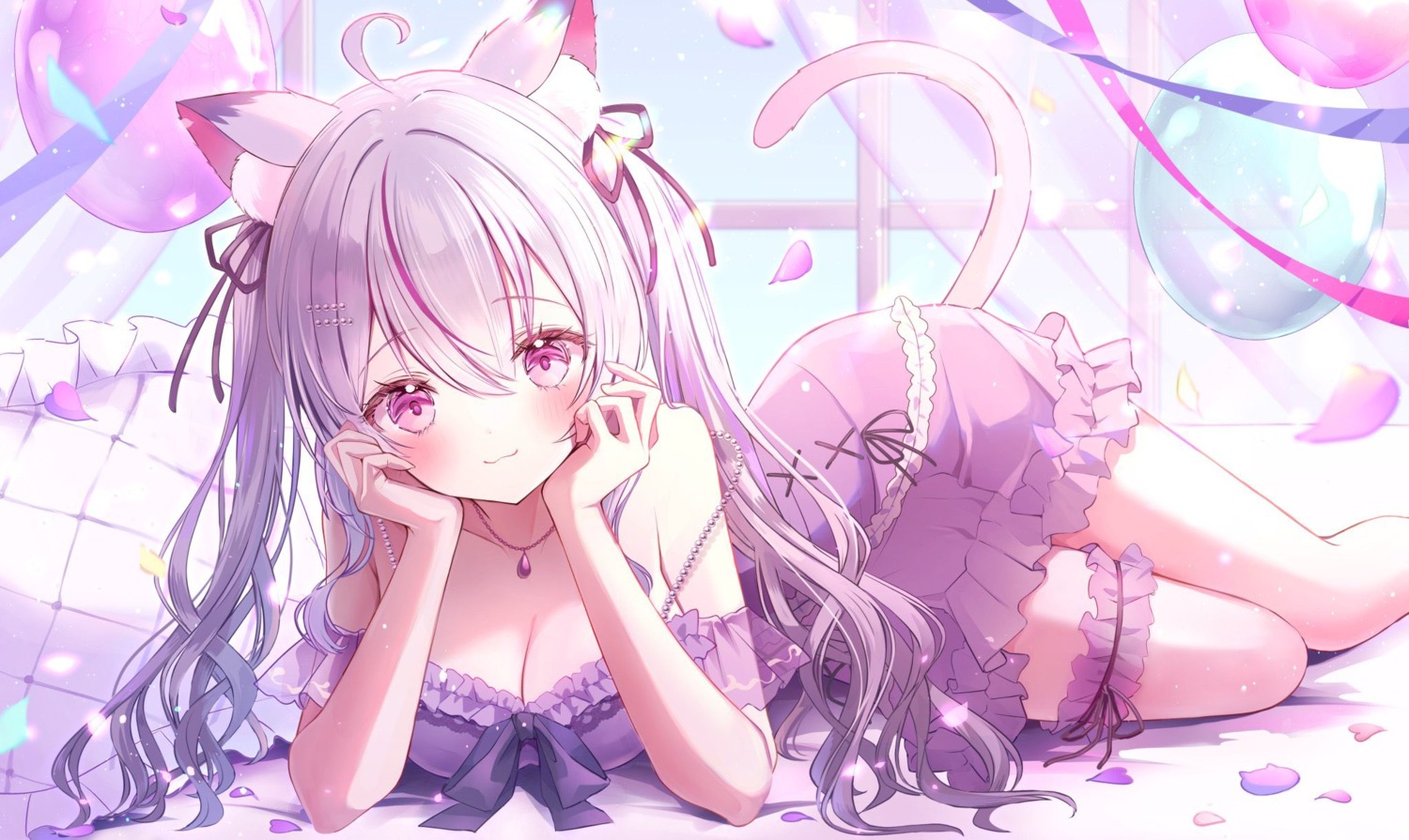 animal_ears dress garter indie_virtual_youtuber irono1910 jpeg_artifacts nekomimi nekoyama_mia no_bra see_through tail