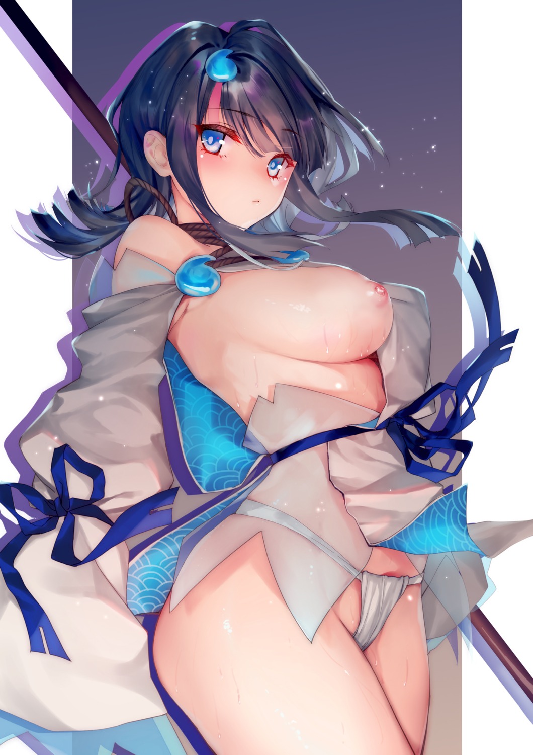 breasts fate/grand_order fundoshi japanese_clothes nipples no_bra open_shirt see_through skirt_lift utsumi_erice wardrobe_malfunction wet wet_clothes xin