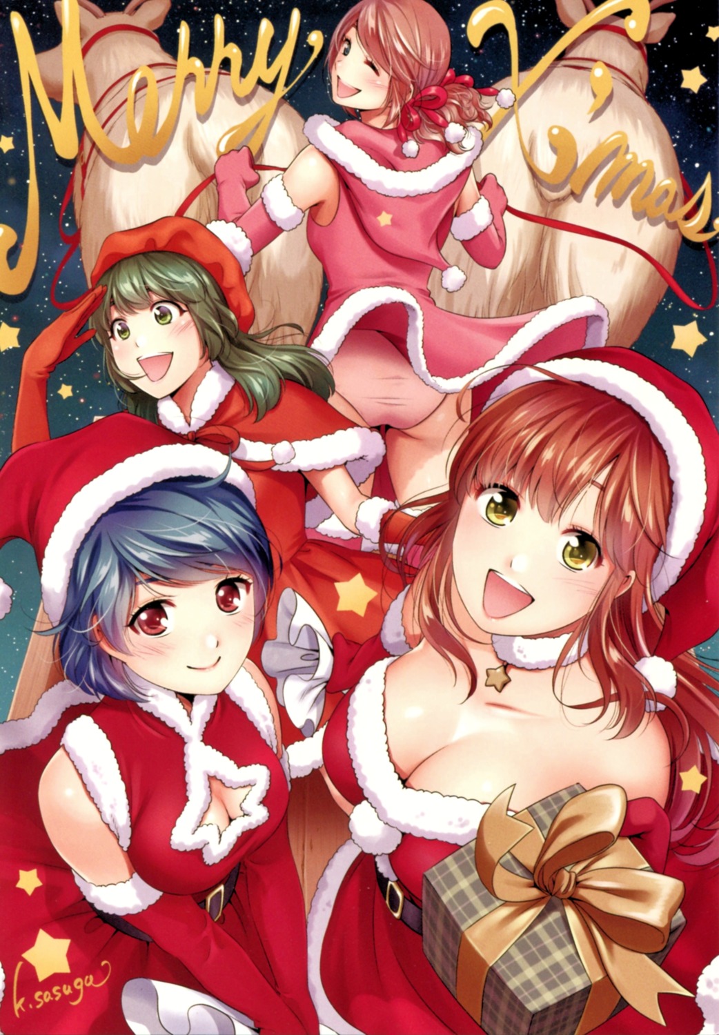 ashihara_miu ass christmas cleavage domestic_na_kanojo dress kashiwabara_momo no_bra pantsu sasuga_kei skirt_lift tachibana_hina tachibana_rui