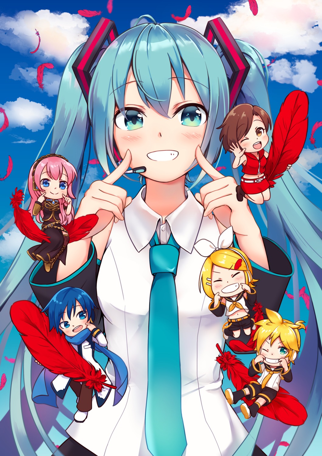 chibi hatsune_miku headphones kagamine_len kagamine_rin kaito megurine_luka meiko raku_iruka seifuku vocaloid