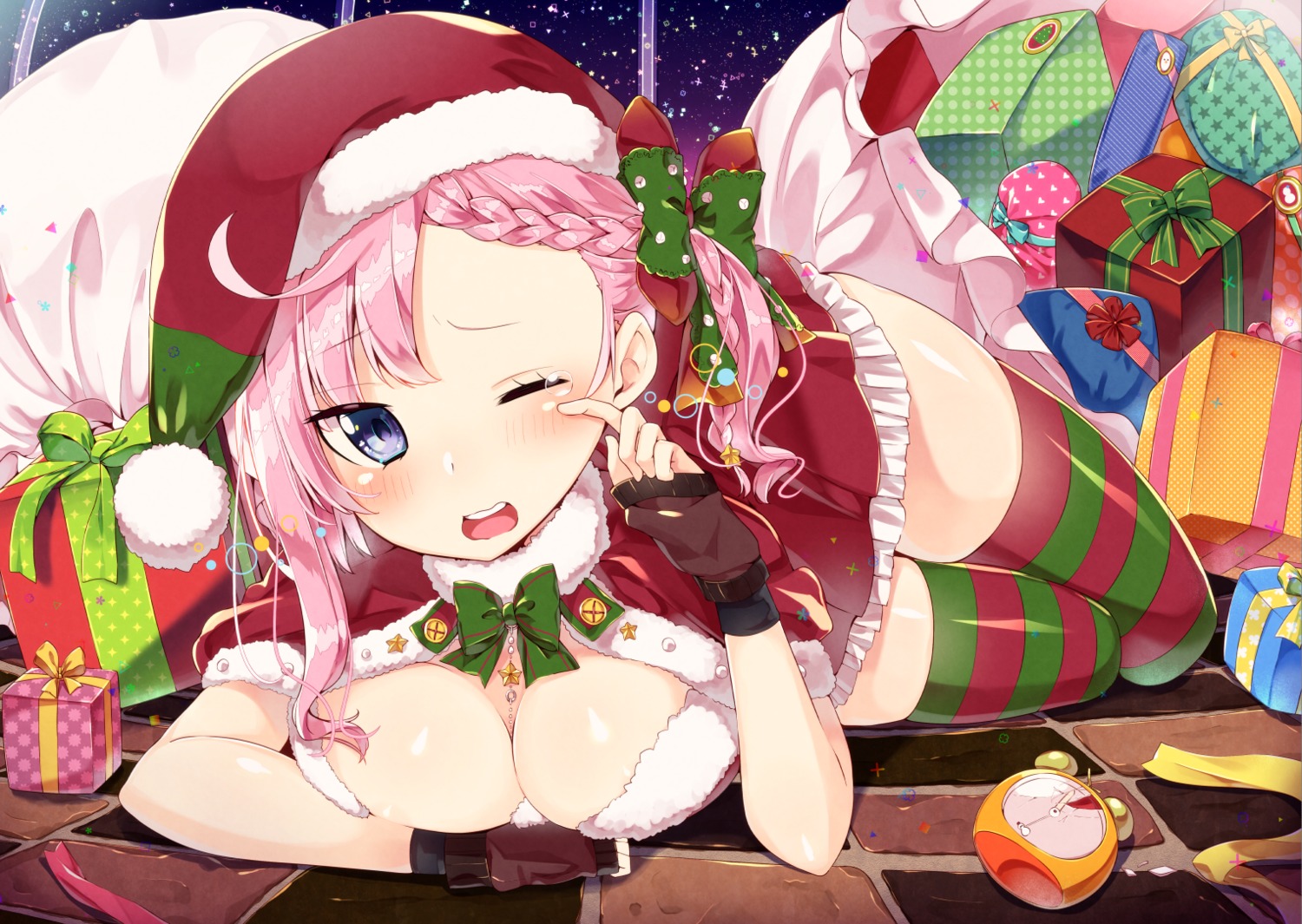 breast_hold christmas cleavage dress no_bra sakuragi_ren thighhighs