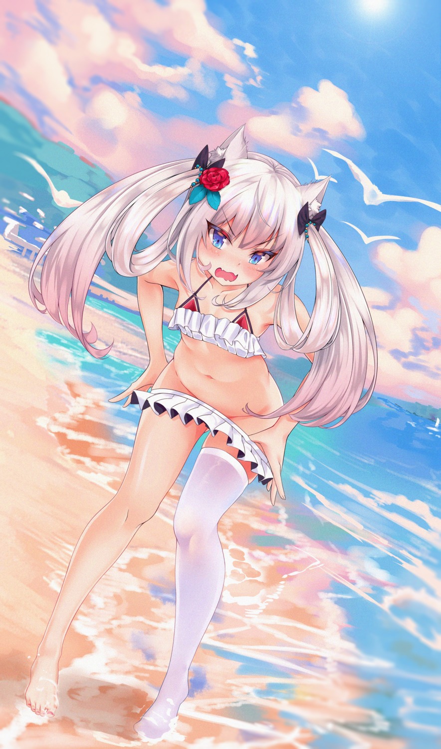 animal_ears azur_lane bikini hammann_(azur_lane) loli mikawa_sansen panty_pull swimsuits thighhighs undressing wet