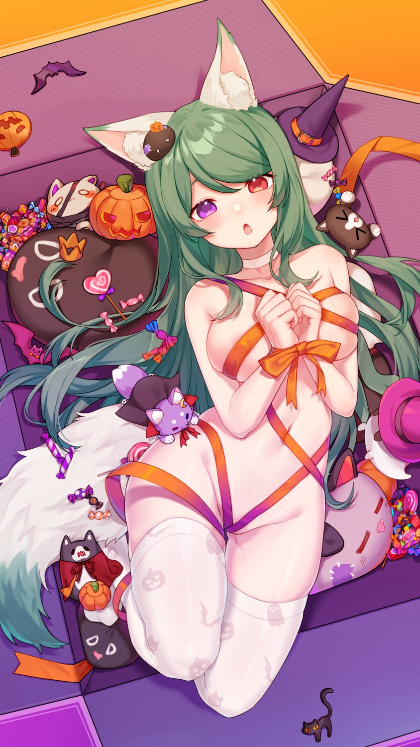 animal_ears areola bondage halloween heterochromia kitsune miyayoki naked_ribbon tail thighhighs