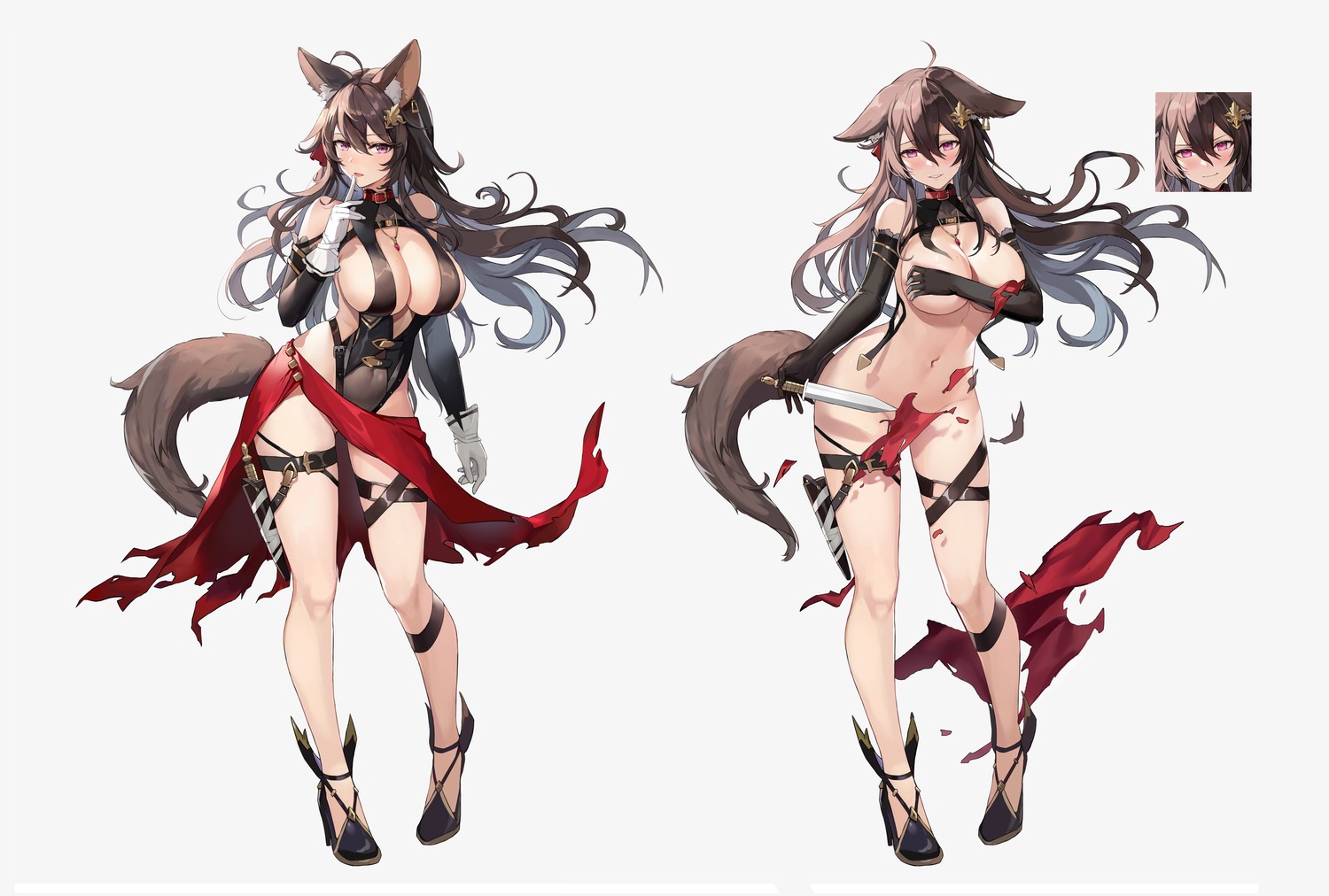 animal_ears breast_hold garter heels houchi_shoujo kuza_brs leotard naked no_bra tail torn_clothes wardrobe_malfunction weapon