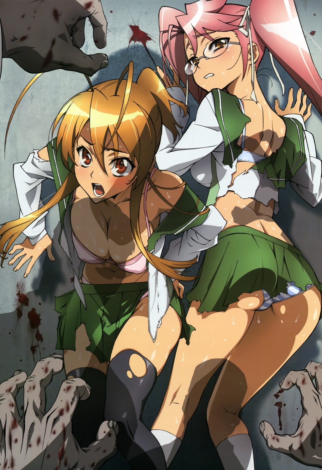 ass blood bra cleavage erect_nipples highschool_of_the_dead marufuji_hirotaka megane miyamoto_rei open_shirt pantsu seifuku shimapan takagi_saya thighhighs torn_clothes wet