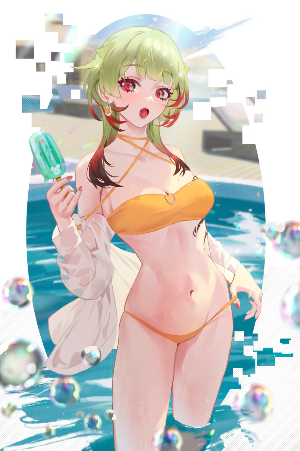 azur_lane bikini cirilla giuseppe_garibaldi_(azur_lane) open_shirt see_through swimsuits tattoo wet wet_clothes