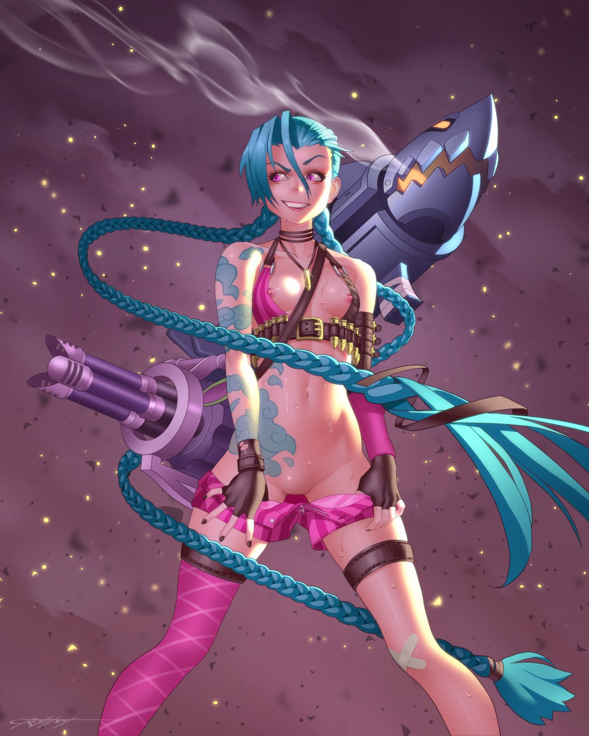 bandaid bikini_top erotibot garter gun jinx league_of_legends nipples nopan pussy swimsuits tattoo thighhighs uncensored undressing