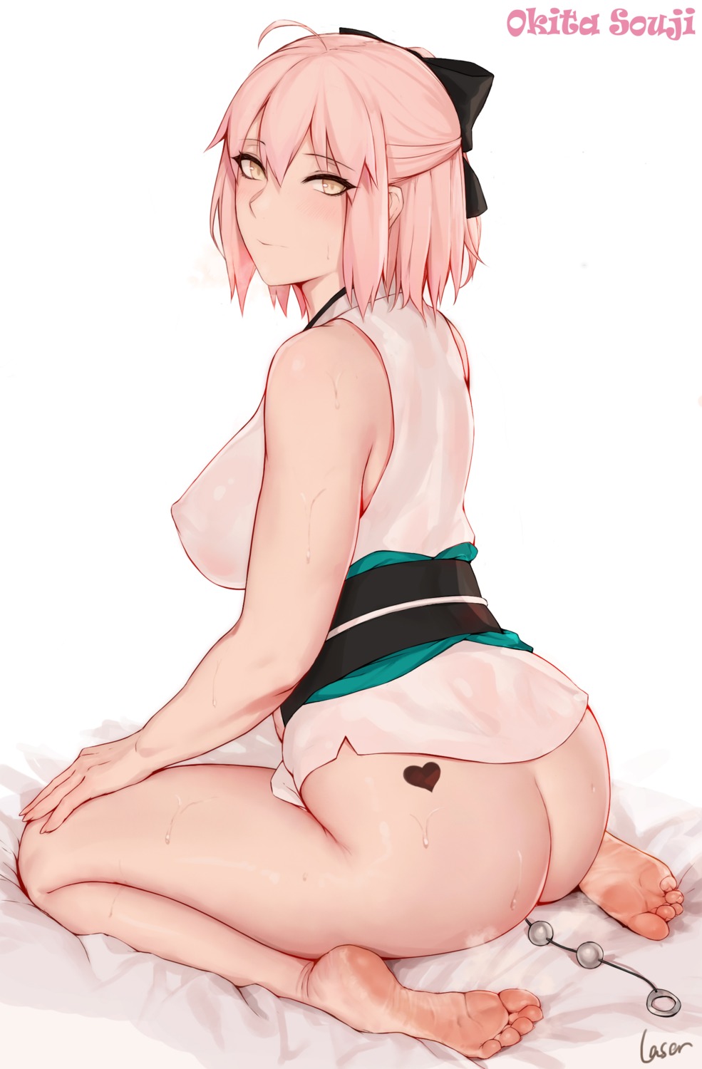 anal anal_beads areola ass bottomless erect_nipples fate/grand_order feet japanese_clothes laserflip okita_souji_(fate) see_through tattoo