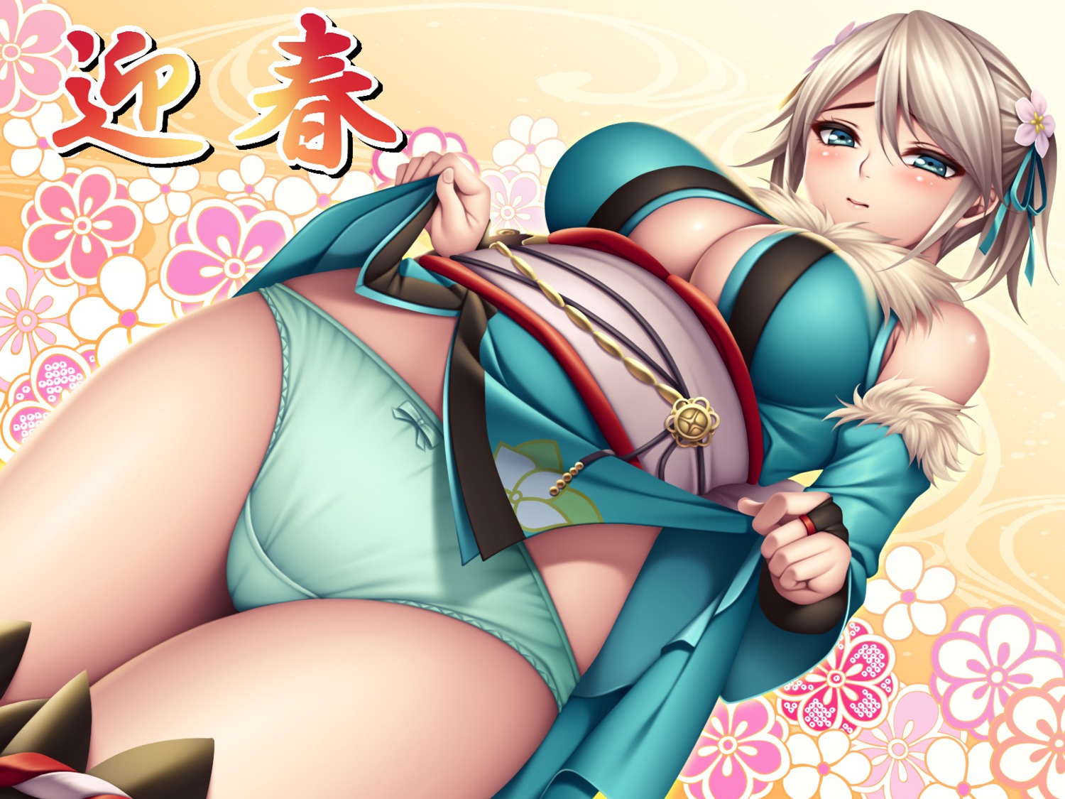 ciel_alencon cleavage god_eater_2 kimono no_bra open_shirt pantsu skirt_lift thighhighs watanuki_kaname