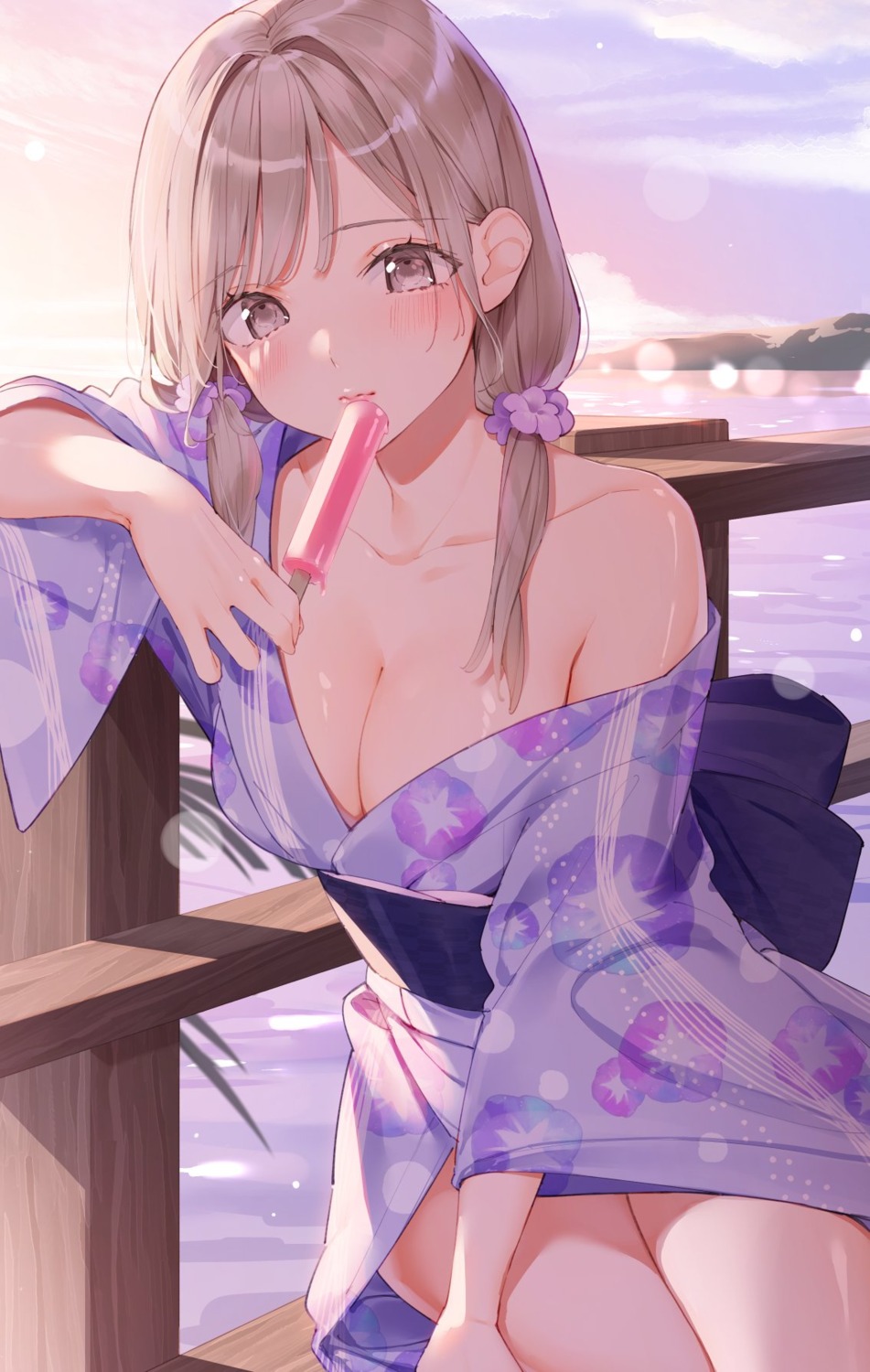 cleavage kinako_(shiratama_mochi) no_bra open_shirt skirt_lift wardrobe_malfunction yukata