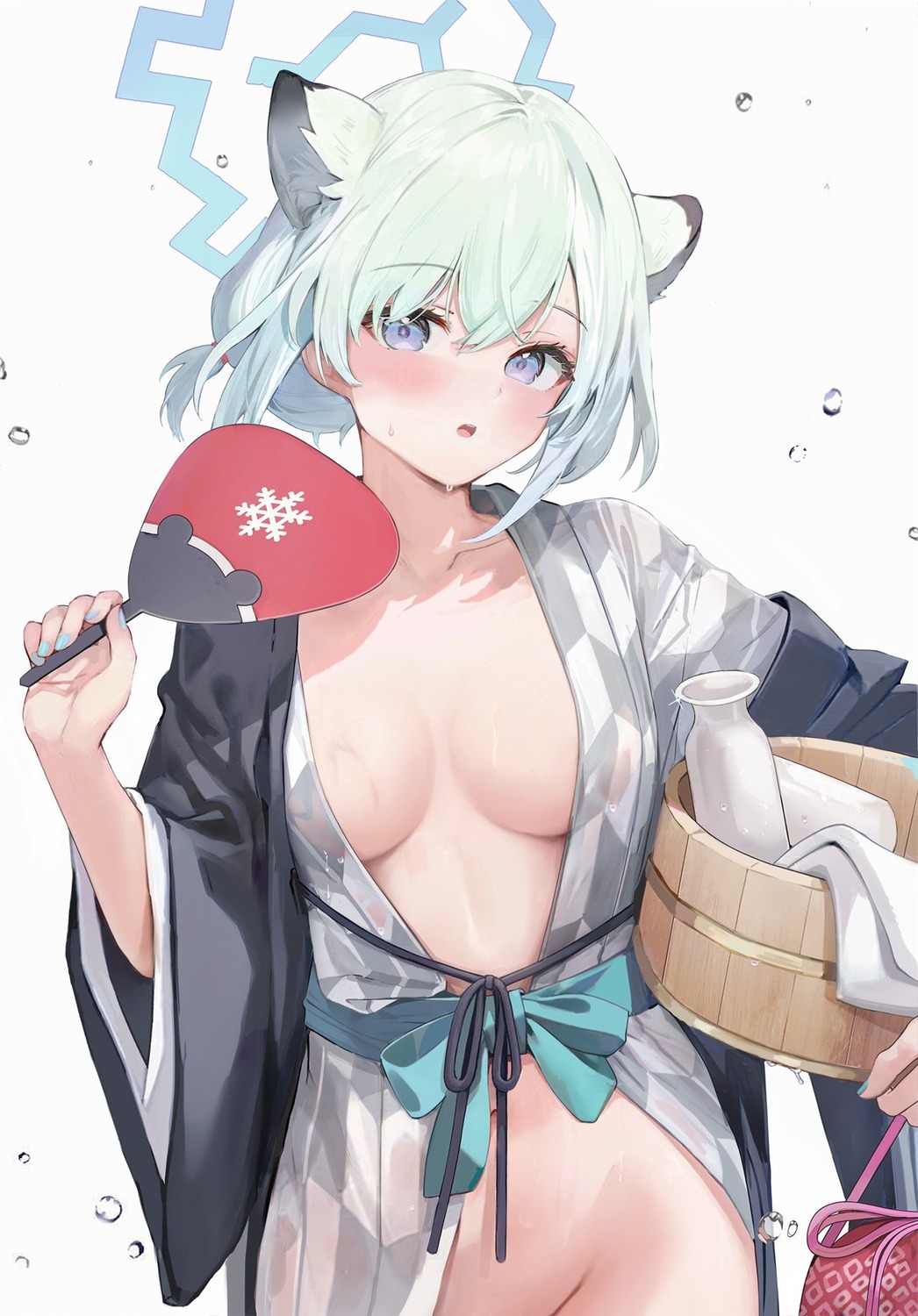 animal_ears blue_archive halo mayoi_shigure no_bra nopan open_shirt pomimi170 sake yukata