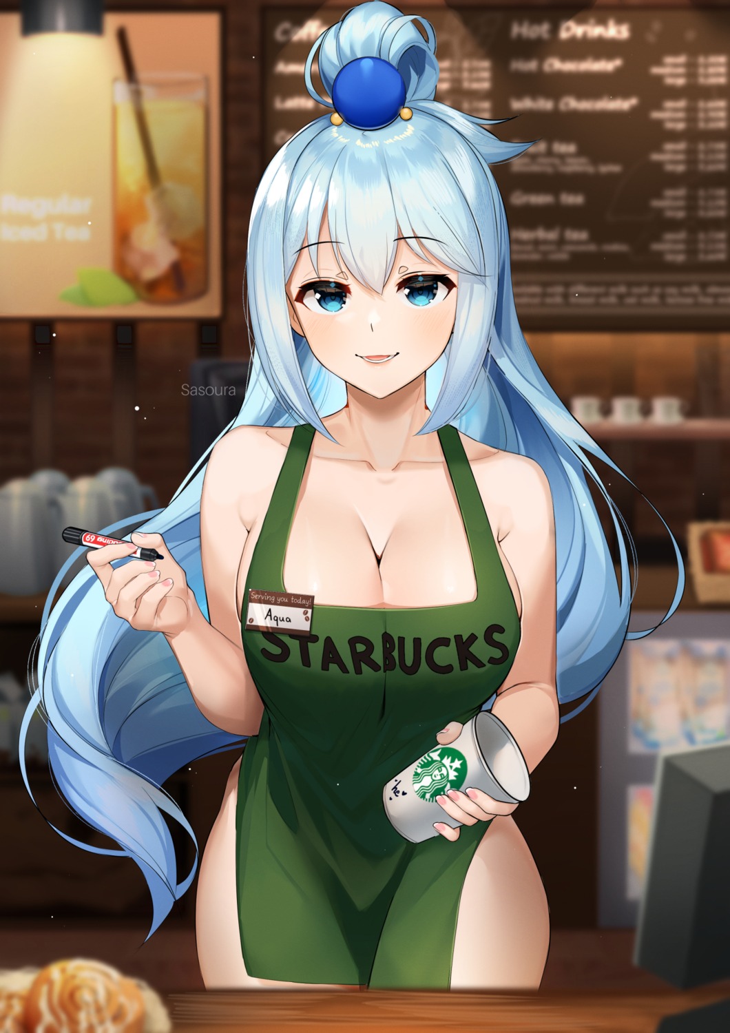 aqua_(konosuba) kono_subarashii_sekai_ni_shukufuku_wo! naked_apron sasoura