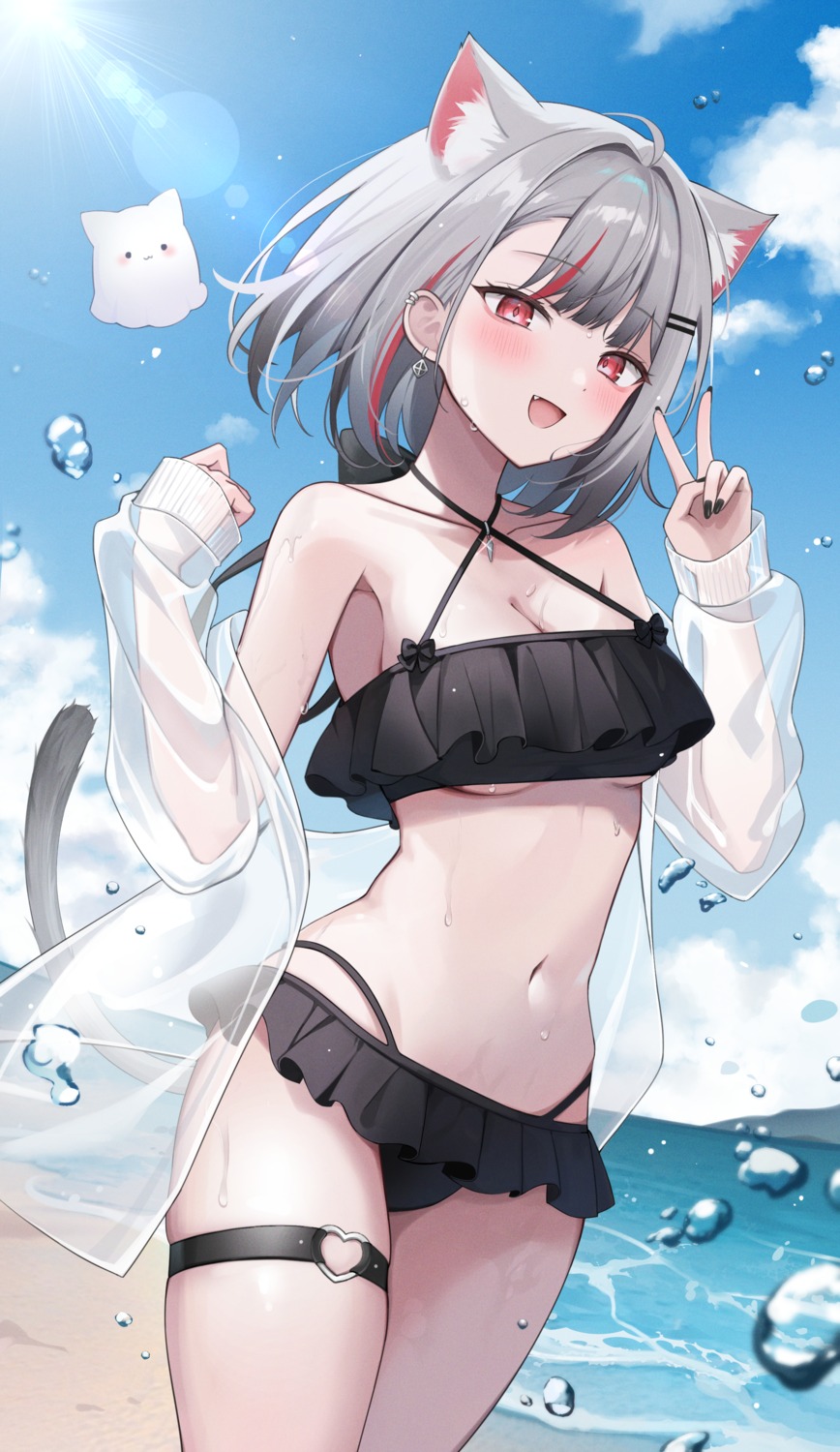 animal_ears bikini detexted garter komugiko_(0kmgk) nekomimi neneko_mashiro open_shirt see_through stellive swimsuits tail underboob