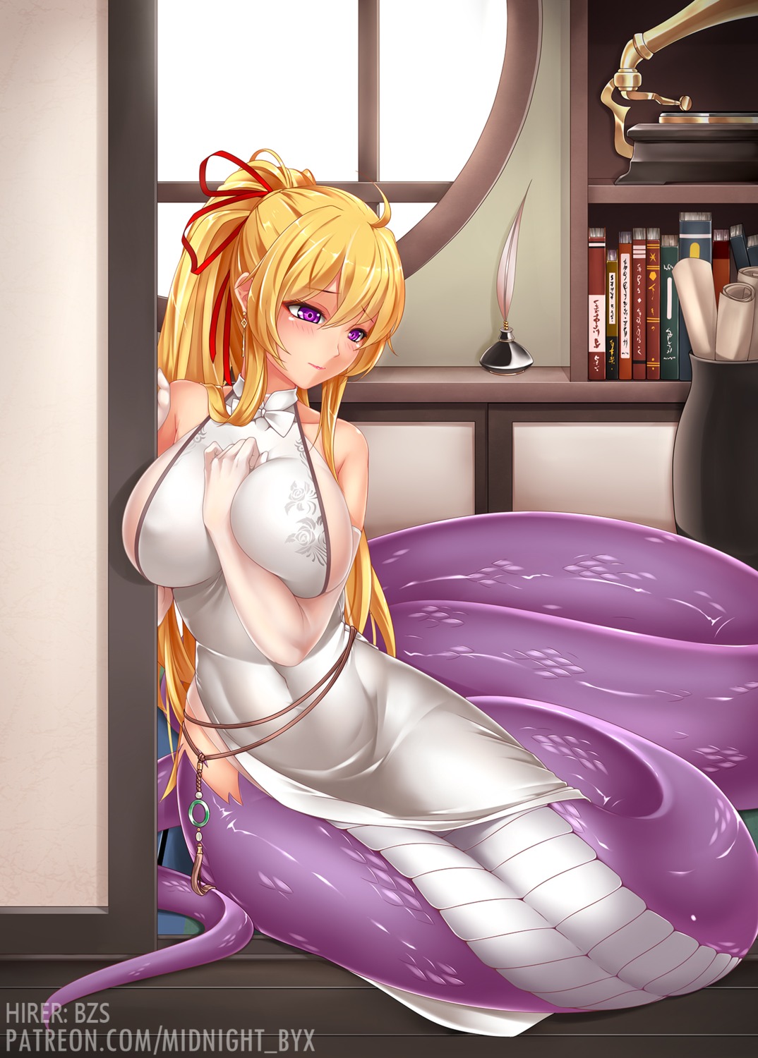 breast_hold chinadress midnight monster_girl no_bra tail