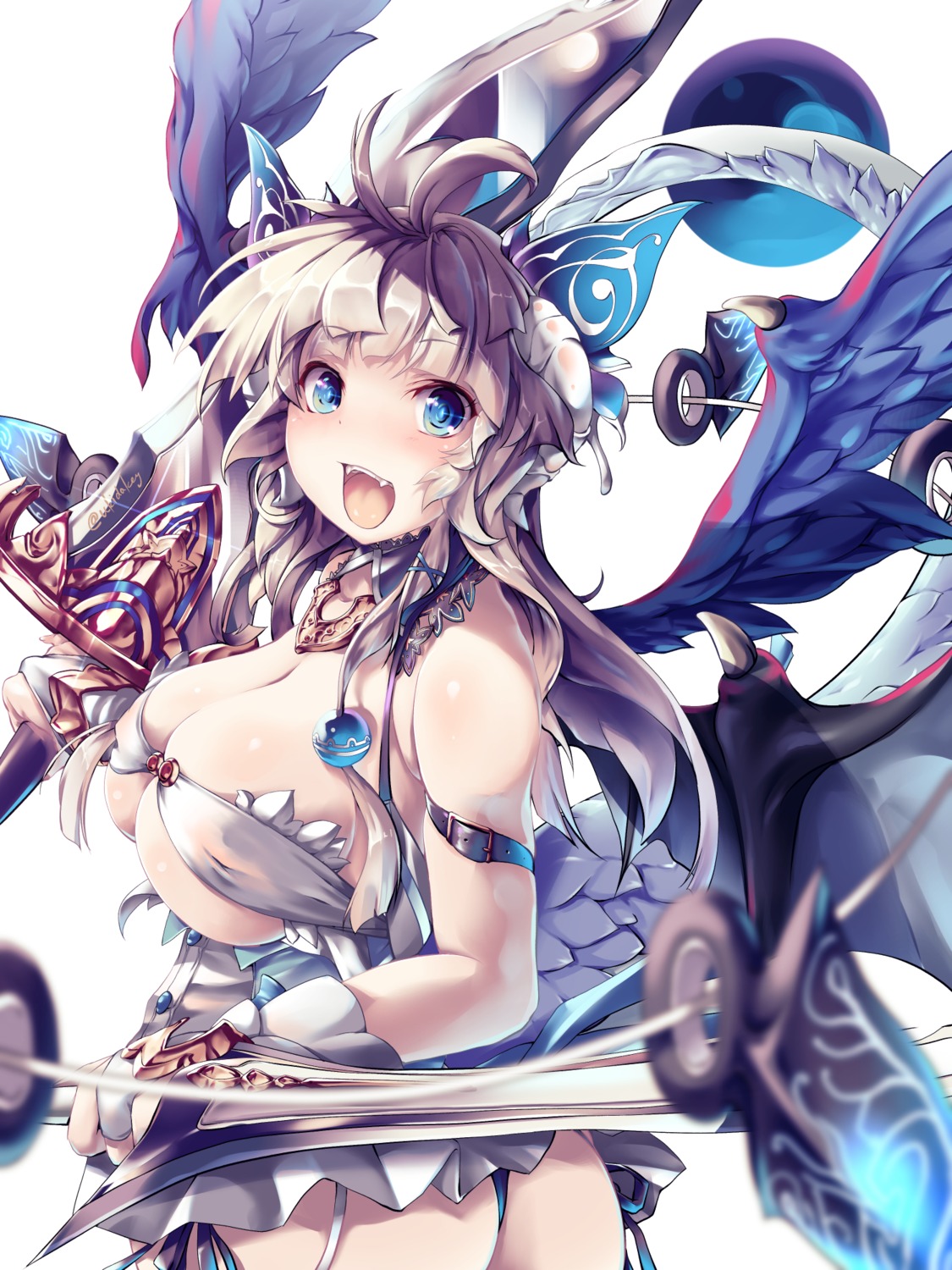 anya_(sennen_sensou_aigis) armor bikini cleavage erect_nipples horns kousaka_yami pantsu sennen_sensou_aigis skirt_lift string_panties swimsuits sword thong underboob wings