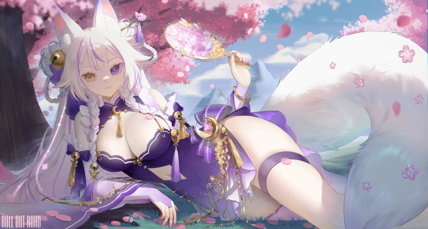 animal_ears dress garter heterochromia kitsune no_bra roll_out_road skirt_lift tail thighhighs