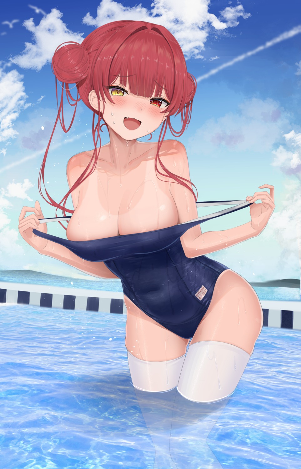 heterochromia hololive houshou_marine kachikachipiroo school_swimsuit swimsuits tan_lines thighhighs undressing wet