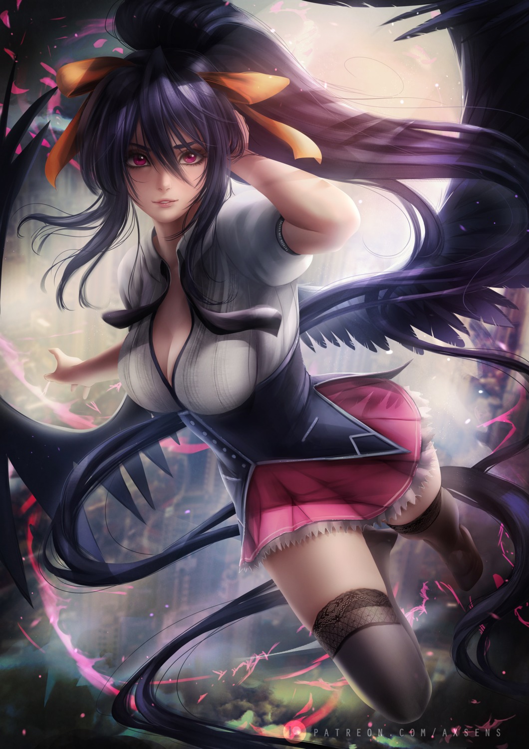 axsens cleavage highschool_dxd himejima_akeno no_bra open_shirt seifuku thighhighs wings