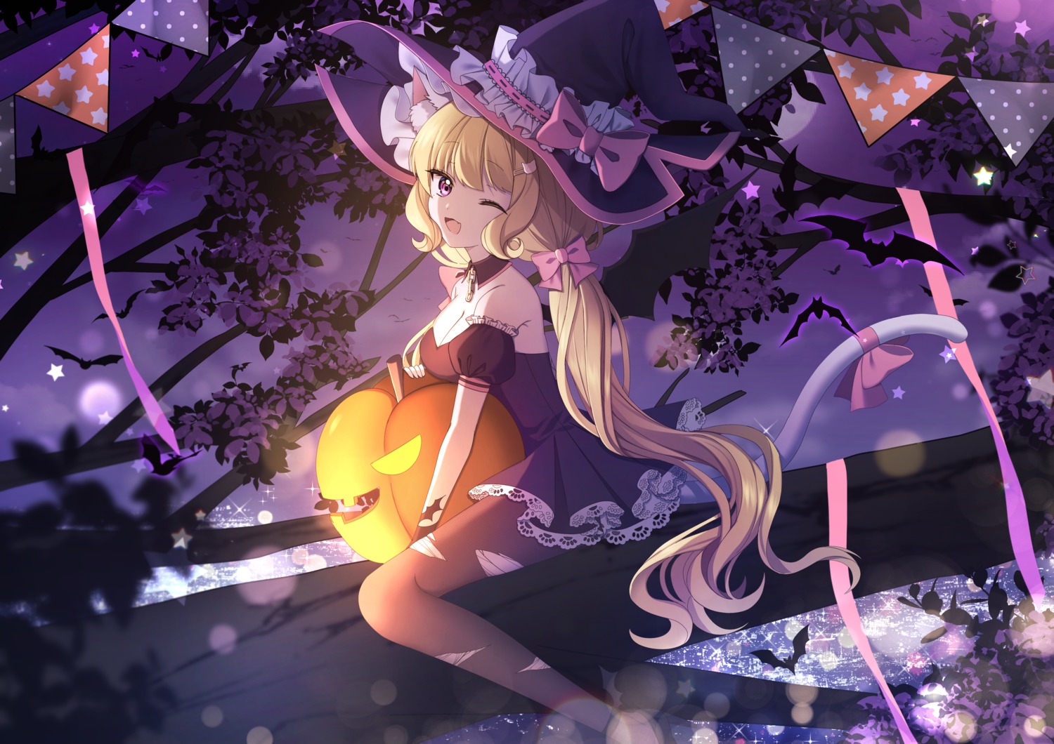 animal_ears cleavage dress halloween mamel_27 nekomimi no_bra pantyhose tail torn_clothes wings witch