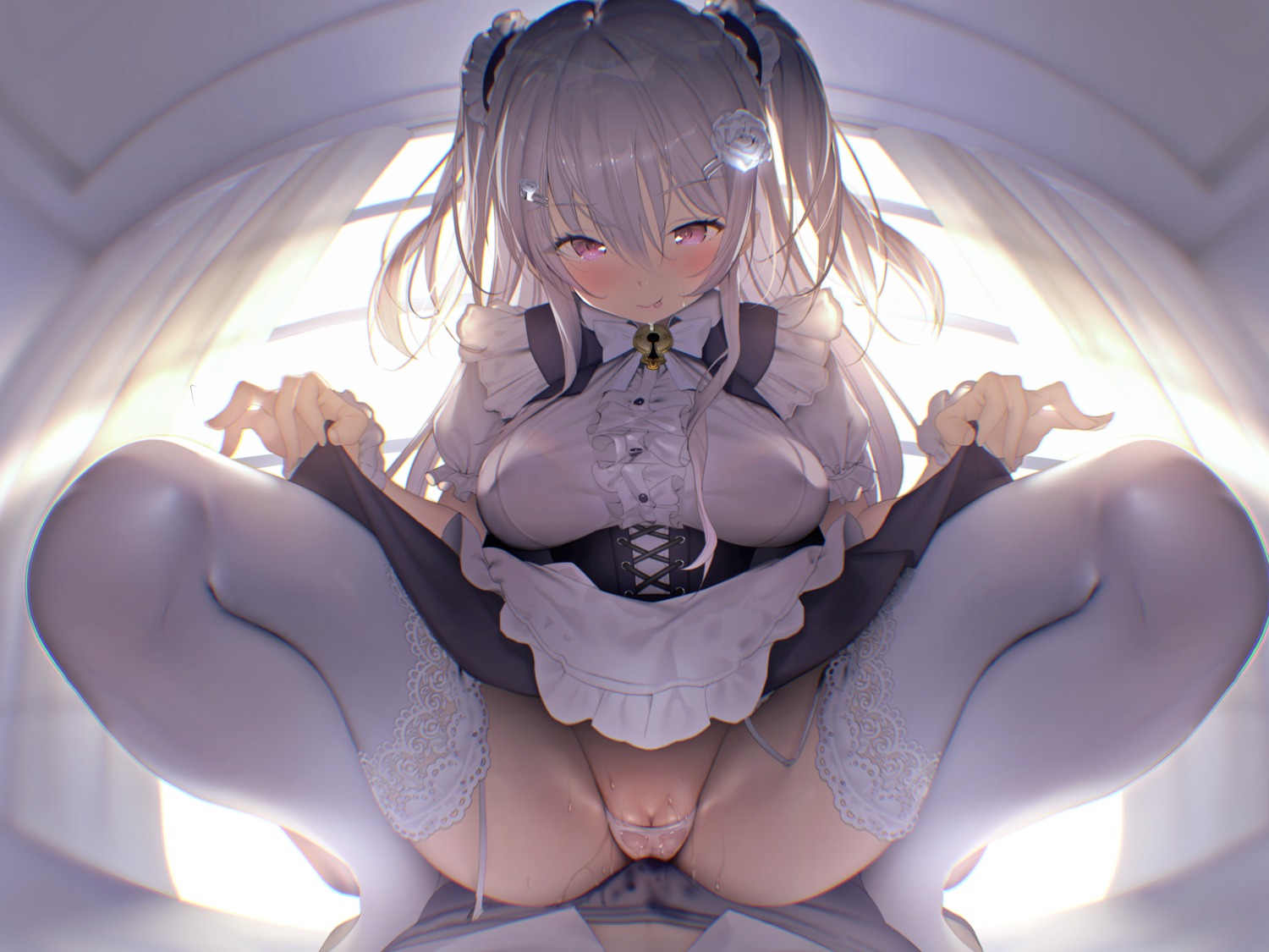 bra kaede_(sayappa) maid pantsu pussy pussy_juice see_through skirt_lift stockings tegurayuki thighhighs