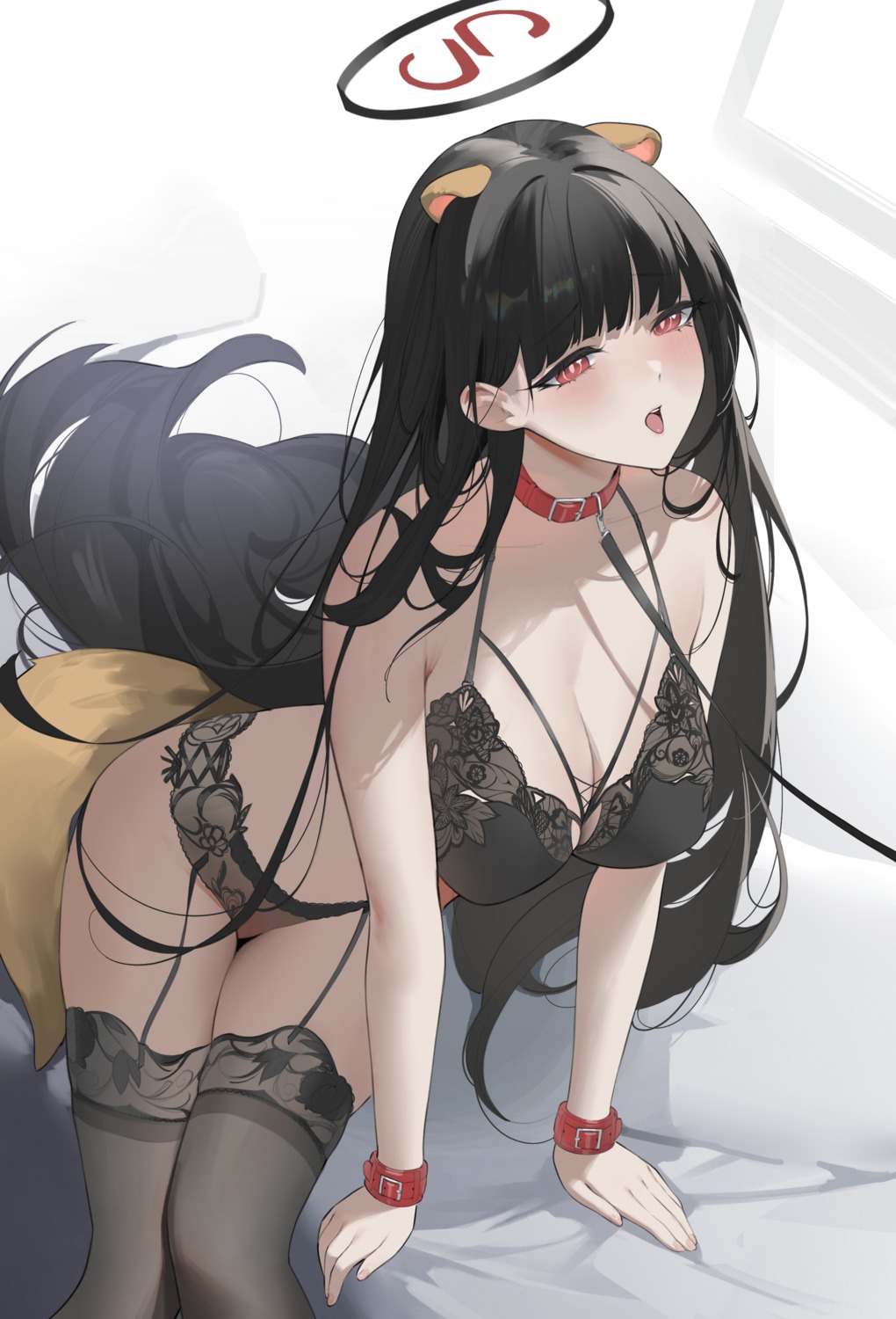 animal_ears annlee blue_archive bra halo pantsu see_through stockings tail thighhighs tsukatsuki_rio