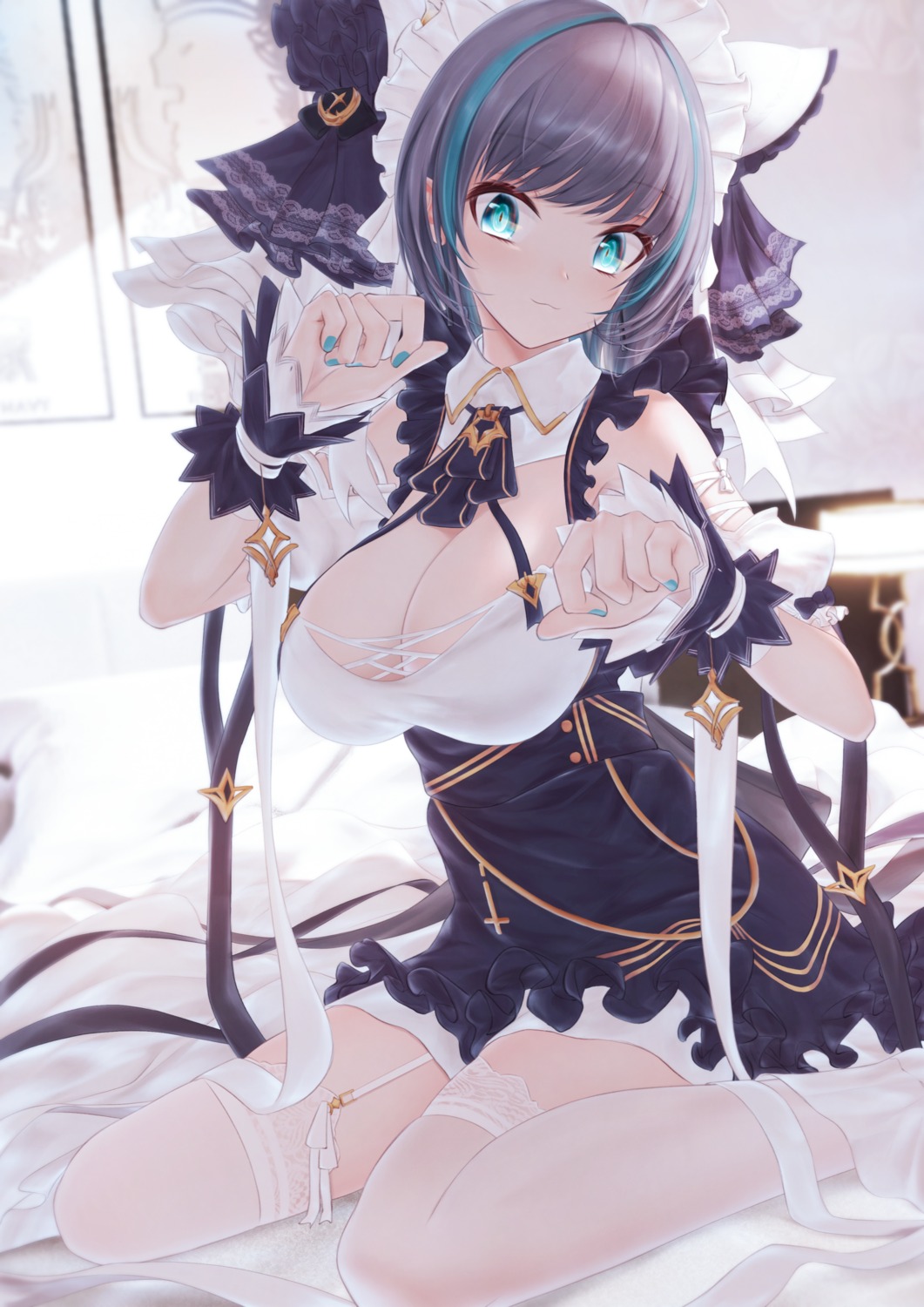 azur_lane bae.c cheshire_(azur_lane) cleavage maid no_bra stockings thighhighs