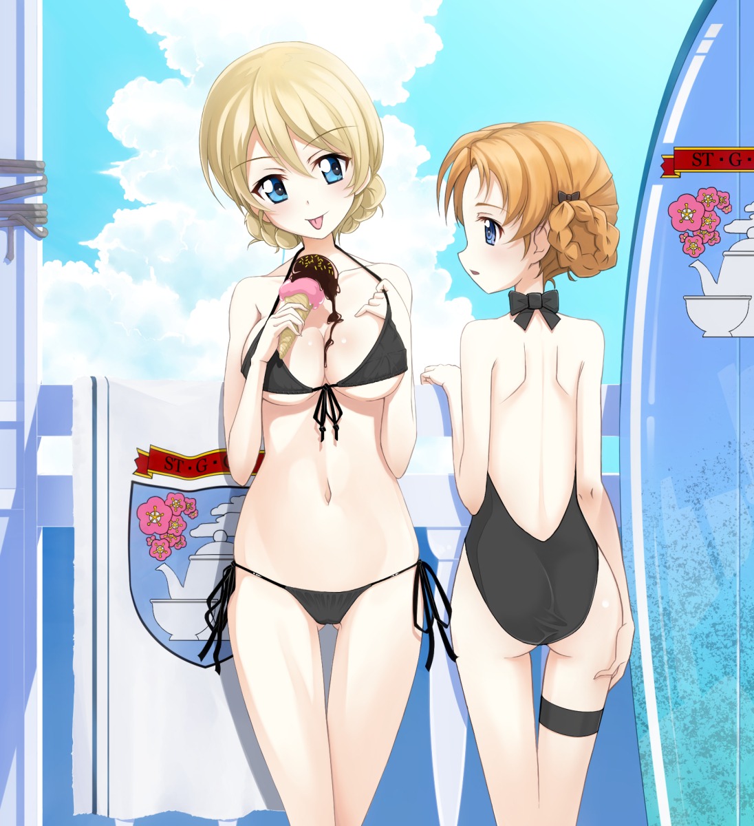 bikini cleavage cream darjeeling girls_und_panzer orange_pekoe swimsuits yuragi_(amriel)