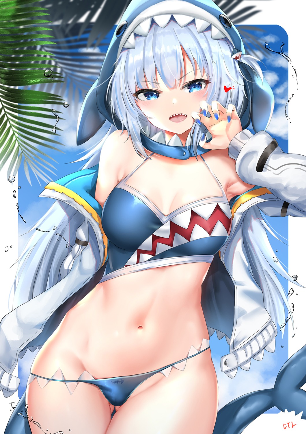 bikini cleavage cyicheng gawr_gura hololive hololive_english open_shirt panty_pull swimsuits tail