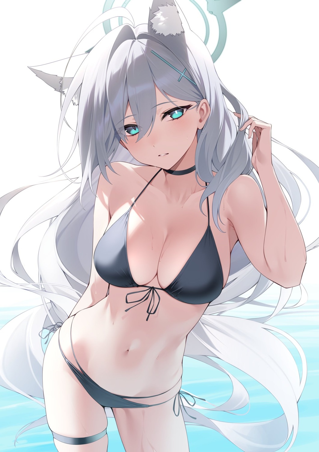 animal_ears bikini blue_archive garter halo kuen_(kuennn12) nekomimi shiroko_terror sunaookami_shiroko swimsuits wet