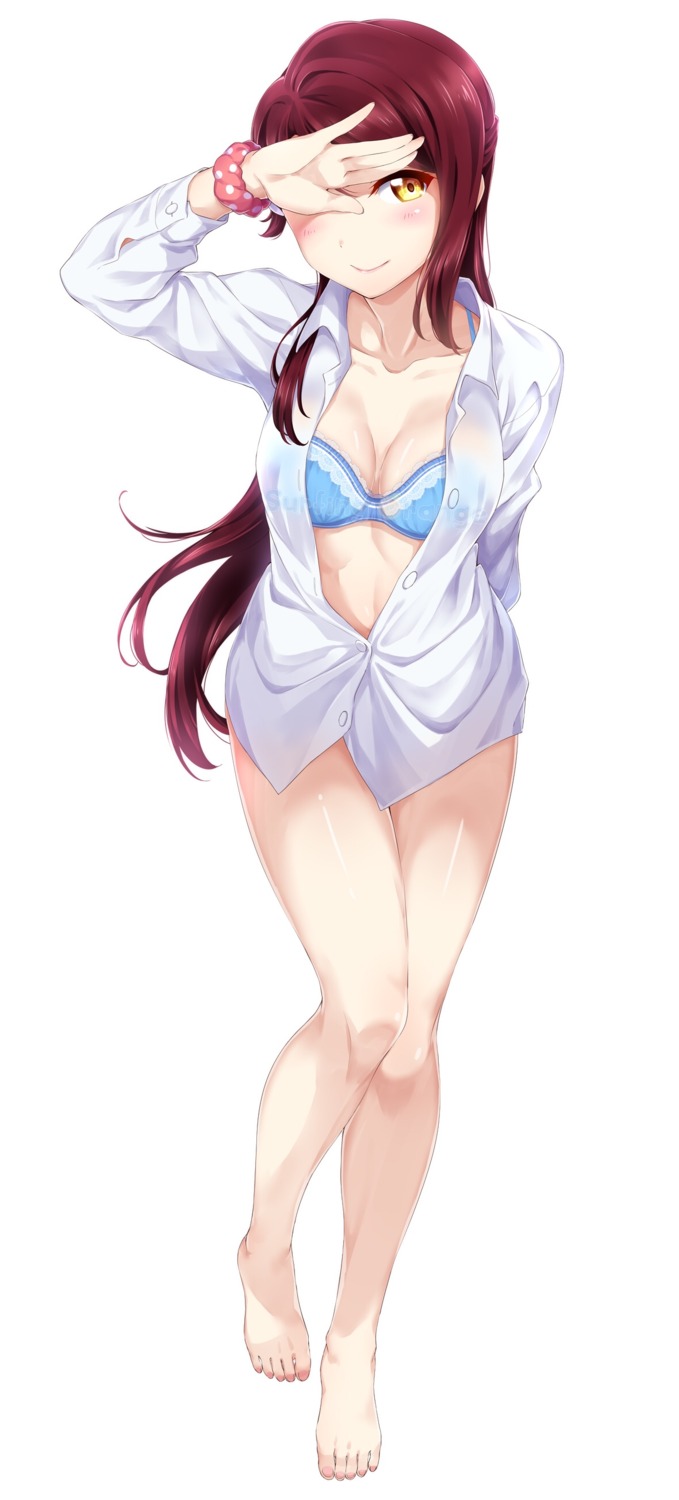 bottomless bra cleavage love_live!_sunshine!! open_shirt sakurauchi_riko see_through surfing_orange watermark