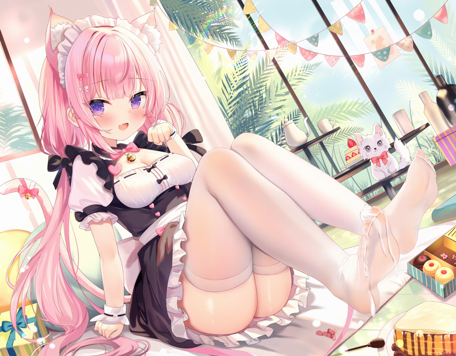 animal_ears cream feet kinoshita_ringo_(ryve5758) maid neko nekomimi skirt_lift tail thighhighs