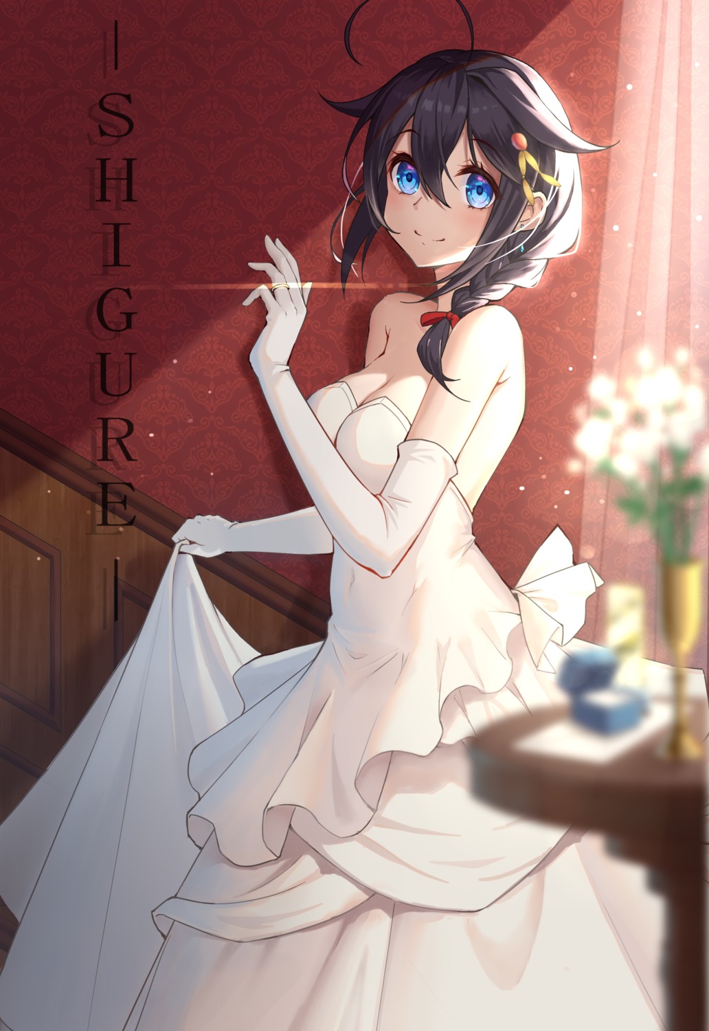 cleavage dress hongye_feixue kantai_collection no_bra shigure_(kancolle) skirt_lift wedding_dress