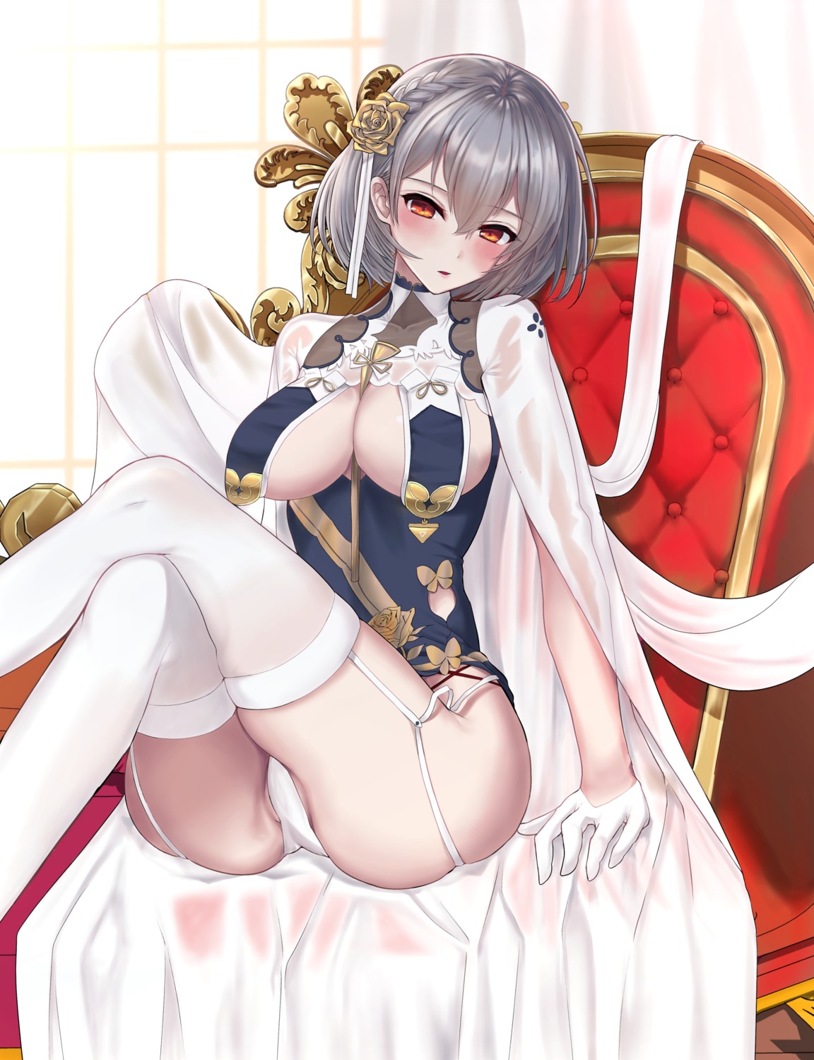 asian_clothes azur_lane cameltoe minki_shu no_bra pantsu see_through sirius_(azur_lane) skirt_lift stockings thighhighs