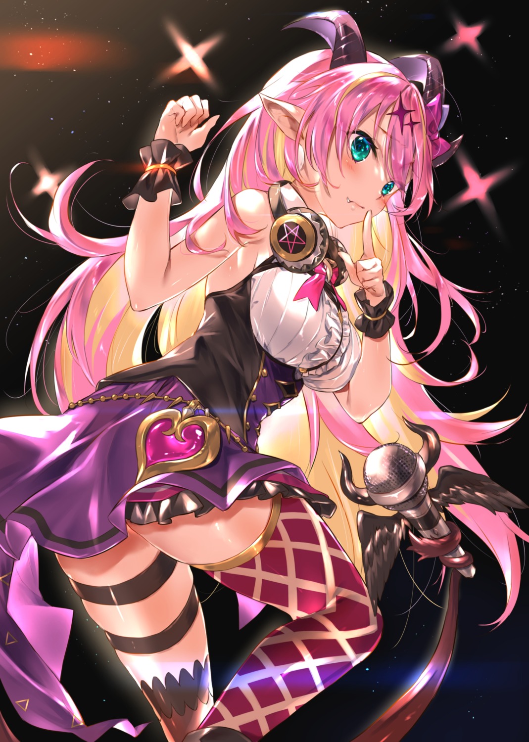 garter headphones hololive horns kasumi_komo mano_aloe pointy_ears skirt_lift thighhighs