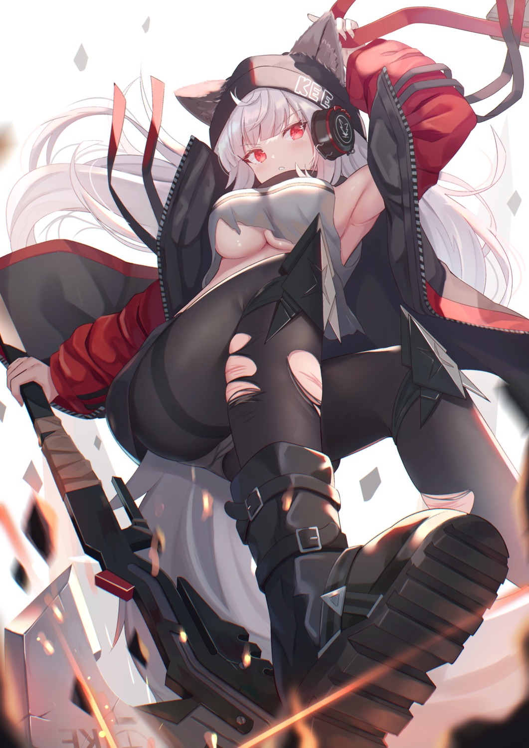 animal_ears arknights armor frostleaf_(arknights) mirufuaa no_bra pantsu pantyhose skirt_lift tail torn_clothes weapon
