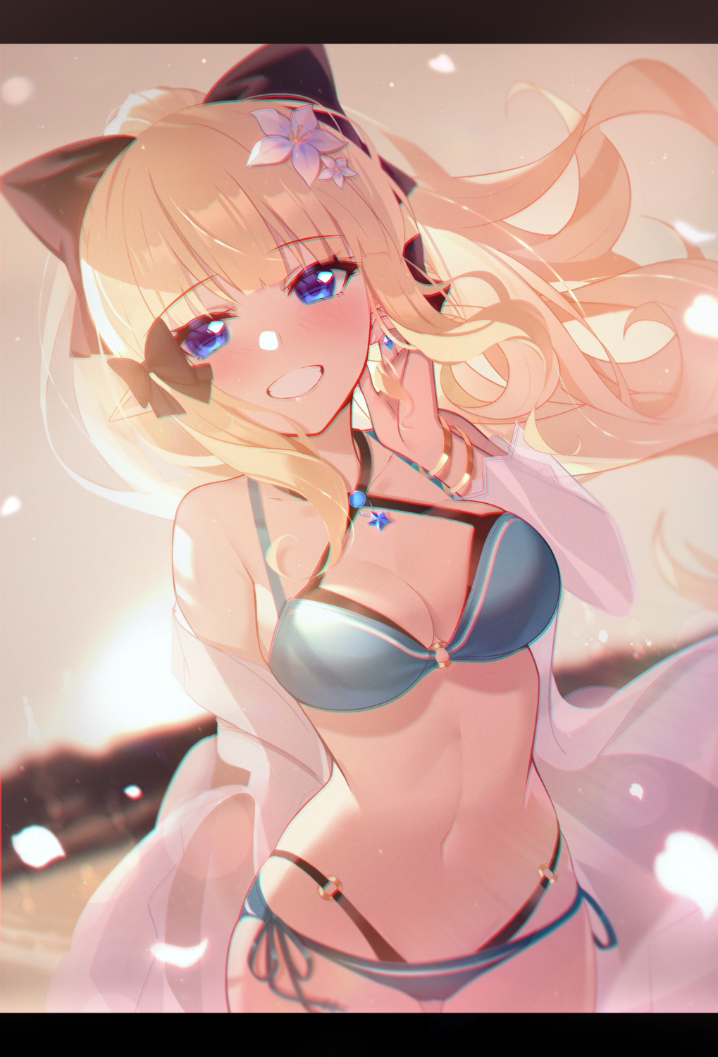 bikini black_fire cleavage open_shirt pointy_ears princess_connect princess_connect!_re:dive sasaki_saren swimsuits