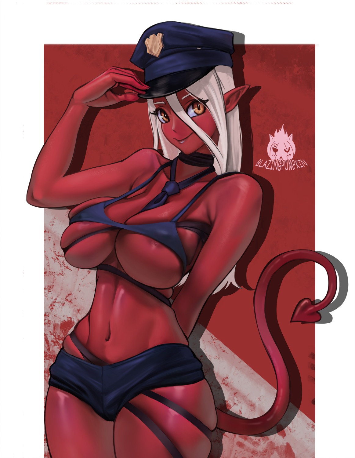 areola boppin_drawing devil erect_nipples no_bra pointy_ears police_uniform tail