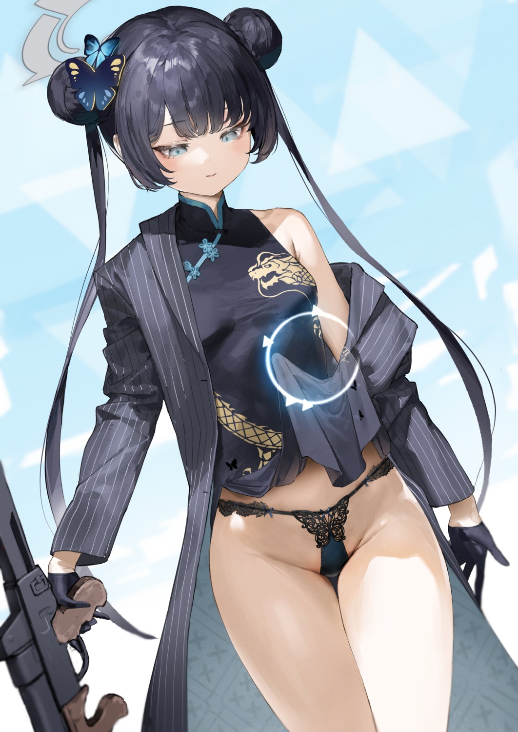 blue_archive chinadress gun halo kuroi_suna loli pantsu ryuuge_kisaki skirt_lift thong