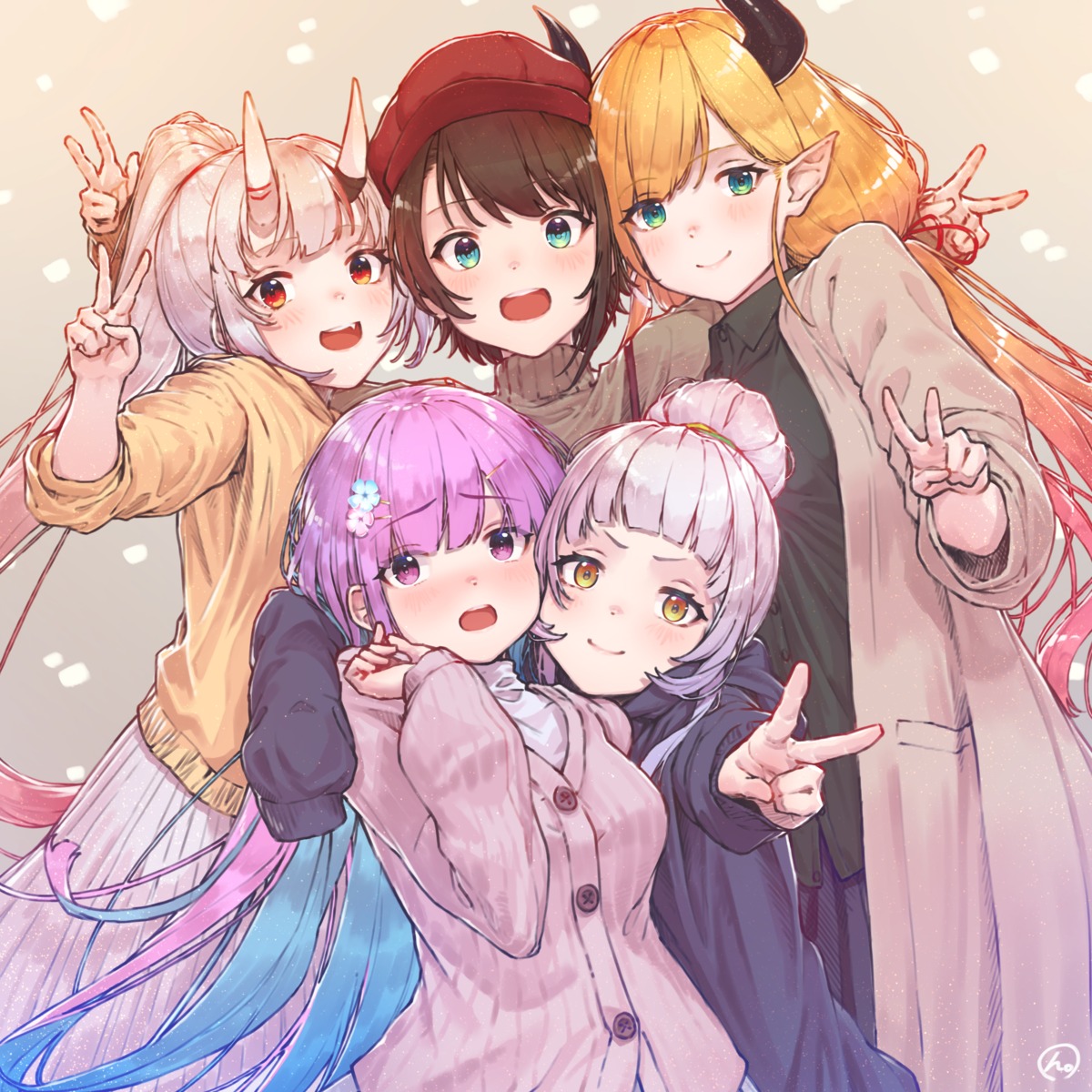 hololive horns minato_aqua murasaki_shion nakiri_ayame oozora_subaru pointy_ears sweater tihoro1609 yuzuki_choco