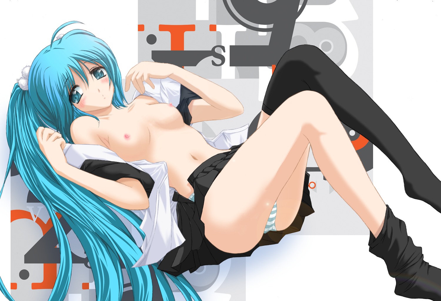 breasts hatsune_miku nekokotei nipples no_bra open_shirt pantsu shimapan thighhighs vocaloid