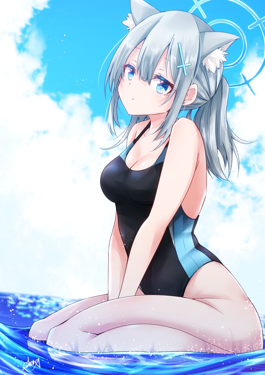 animal_ears blue_archive cleavage halo nekomimi sunaookami_shiroko swimsuits wet yanagiba_sakana