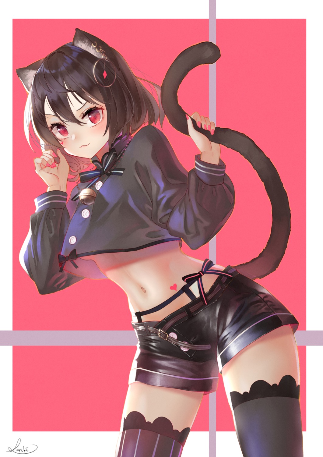 animal_ears nekomimi no_bra saraki shirt_lift tail thighhighs underboob