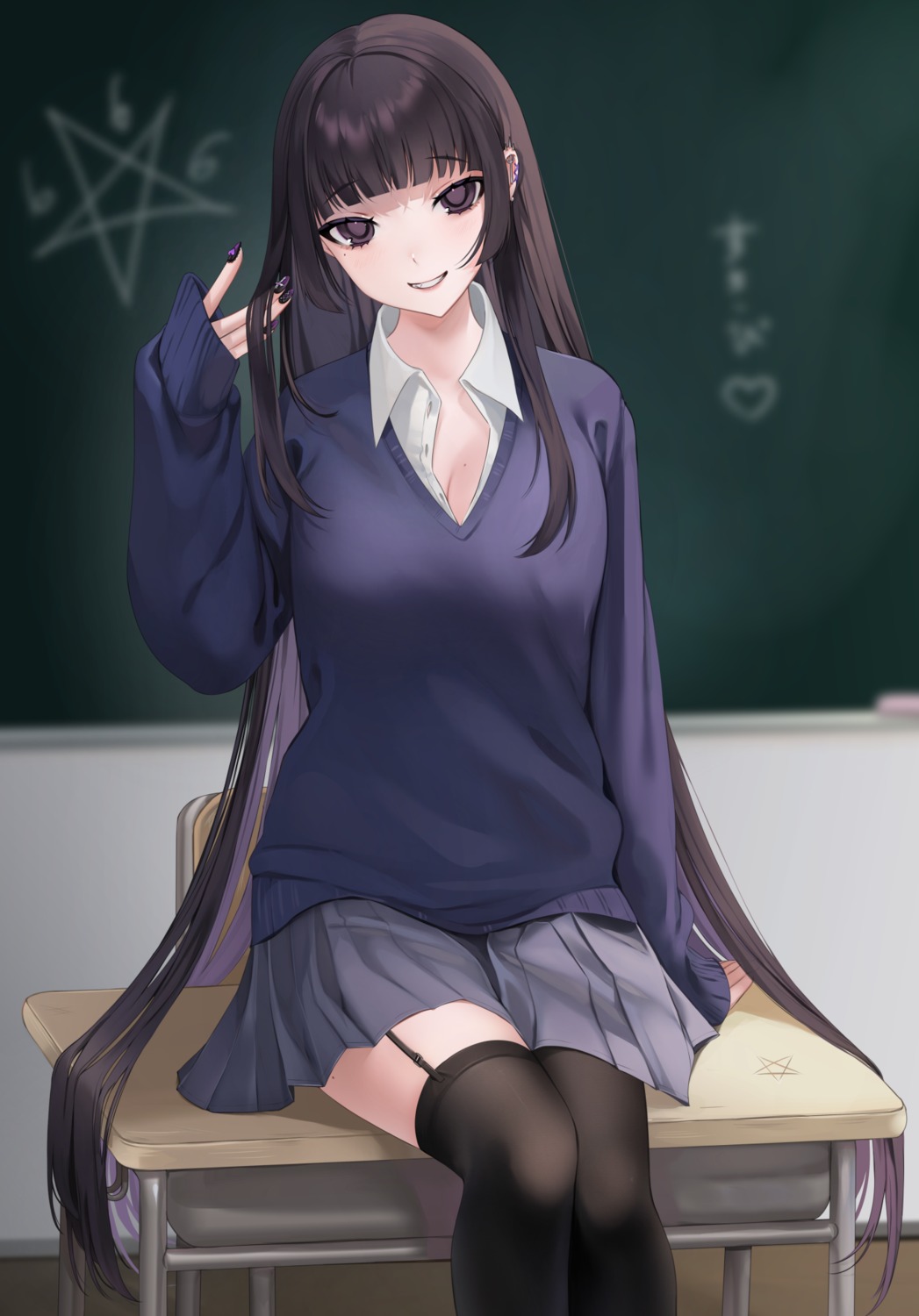 cleavage ompf open_shirt seifuku stockings sweater thighhighs