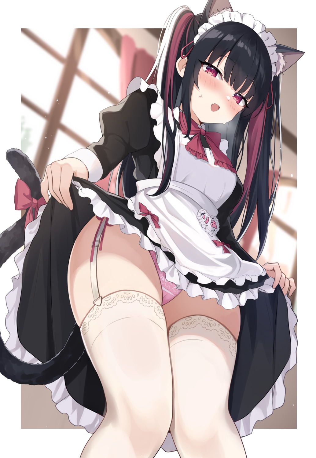 animal_ears cameltoe maid nekomimi okiq pantsu skirt_lift stockings string_panties tail thighhighs