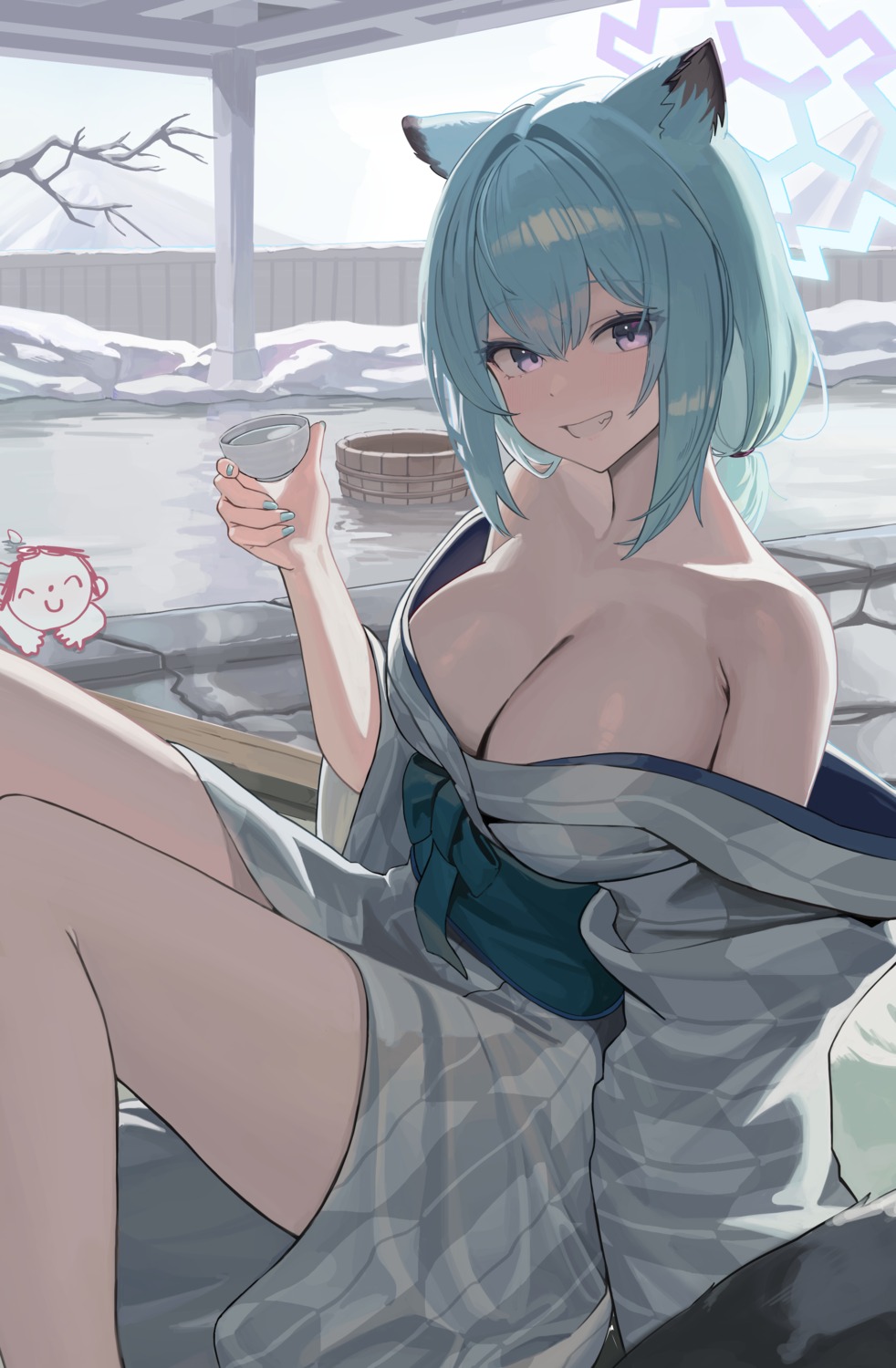 animal_ears blue_archive halo letco2766 mayoi_shigure no_bra onsen open_shirt sake yukata