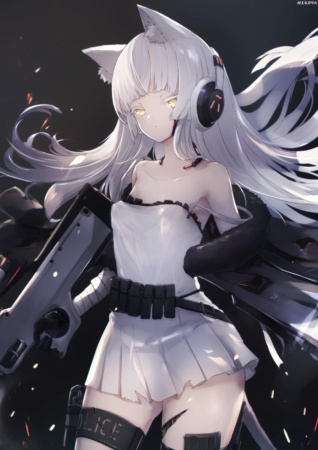 animal_ears awp_(girls_frontline) bandages garter girls_frontline gun headphones mecha_musume nekoya_(liu) no_bra tail torn_clothes