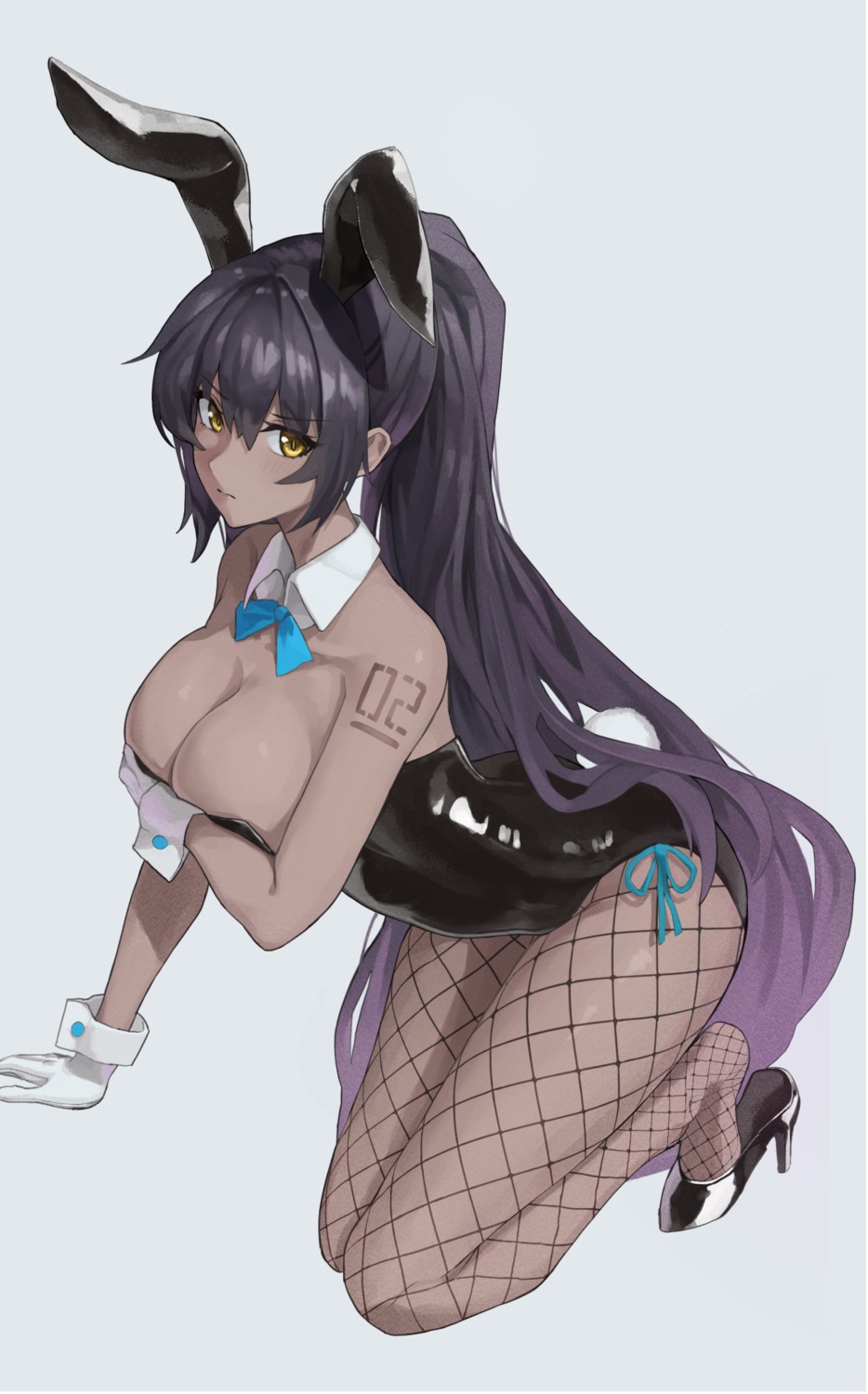 animal_ears blue_archive bunny_ears bunny_girl fishnets halo heels kakudate_karin no_bra pantyhose shakabrah tattoo